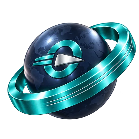 A navy sphere enclosed by a sculptural teal ring
